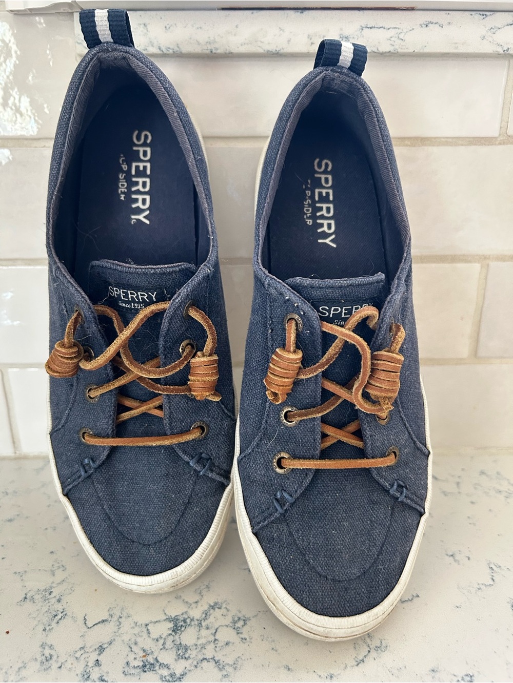 Sperry Navy Canvas Deck Shoes with Tan Laces